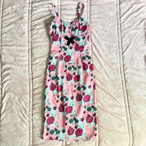 Mary Blair Pinup Couture Dress Pink Rose Floral Print Black Velvet Bow Size S